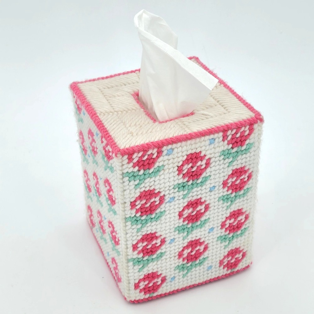 Vintage Handmade Needlepoint Tissue Box Cover Pink Rose Floral Grannycore